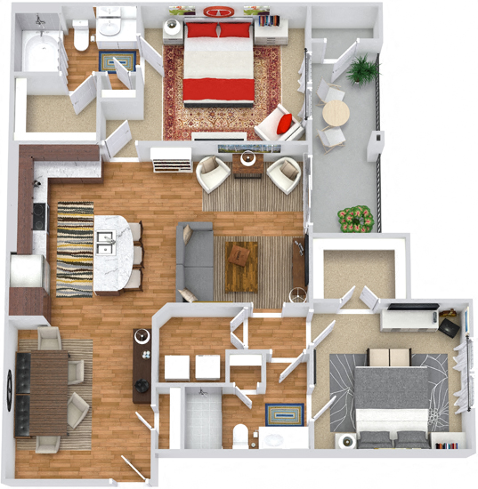 Floor plan for 2 beds, 2 baths, 1177 sqft